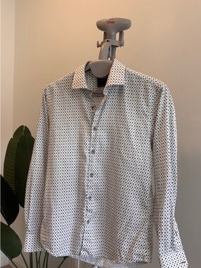 Men's White Button-Down Shirt with Navy Star Microprint